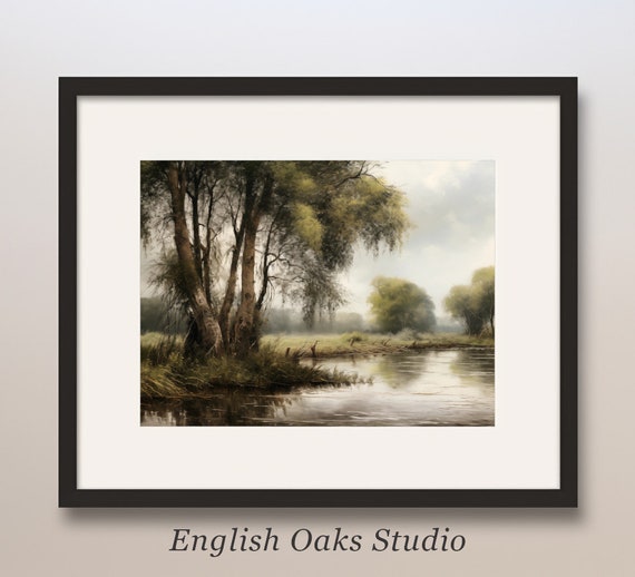 Vintage Willow Riverside Landscape Oil Painting Antique River Shore Tree Wall Art Print