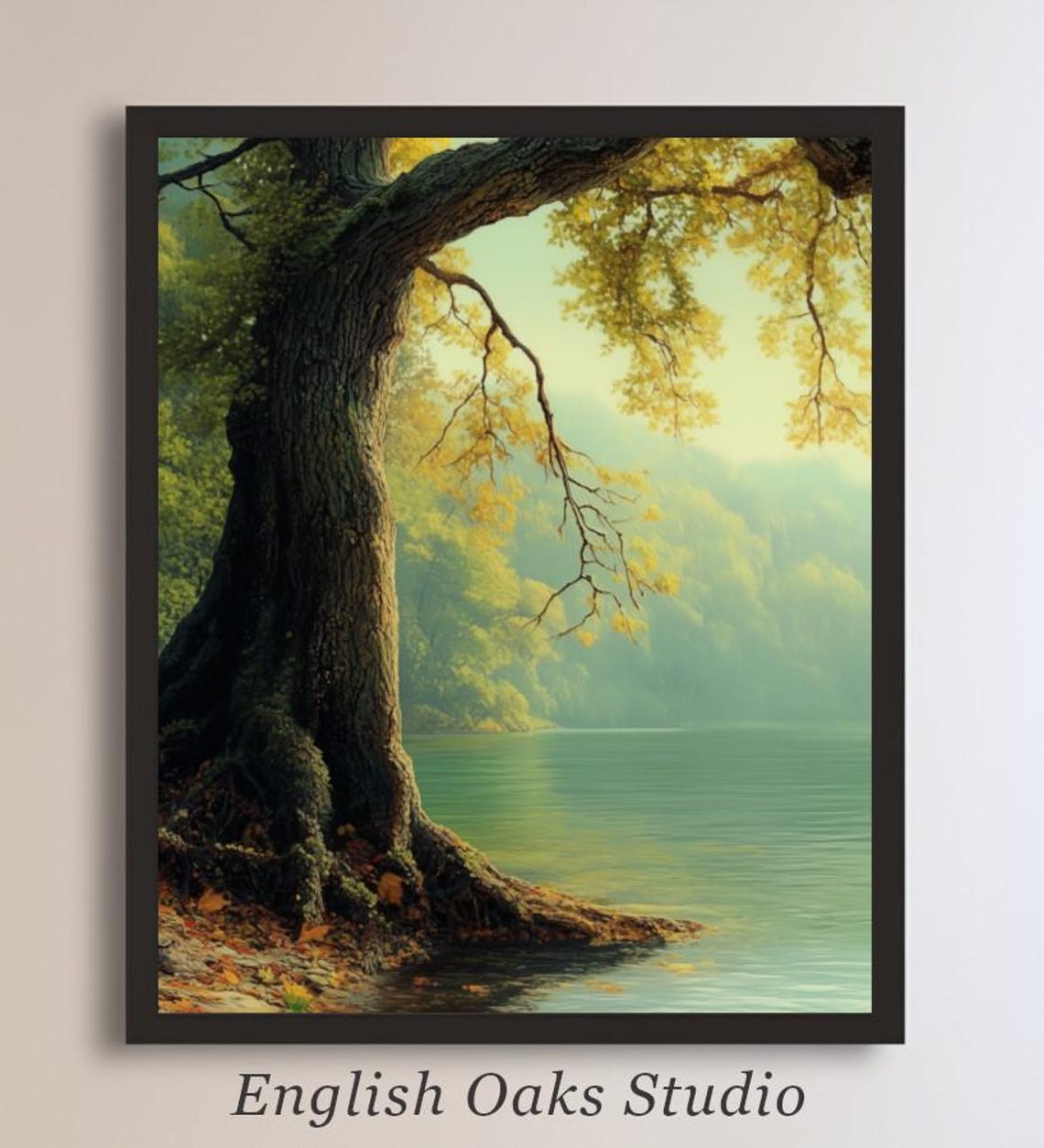 Grand Oak Tree By The River Bank Serene Green Summer Landscape Poster - Image 2