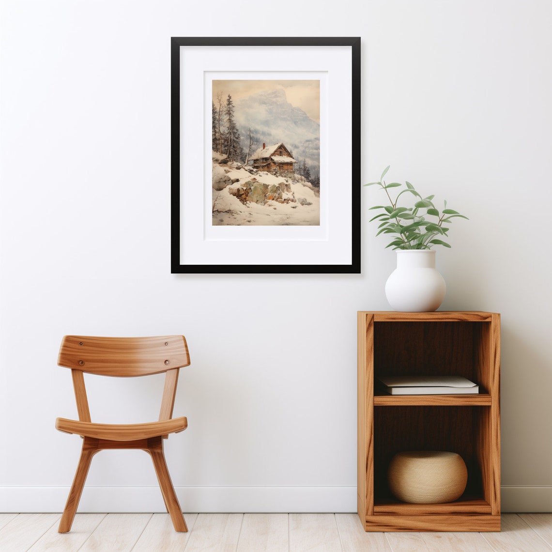 Lonely Log Cabin on Rocky Snowy Slope Misty Mountain Winter Poster - Image 2