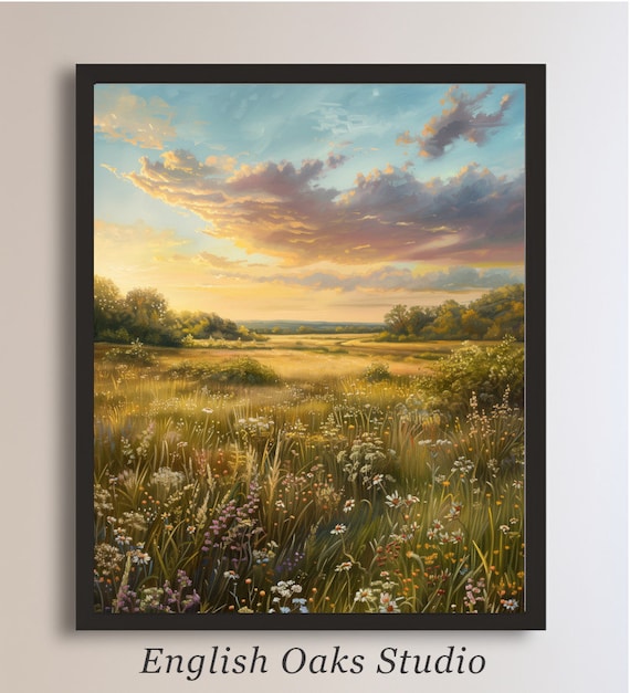 Wildflower Meadow At Sunset Golden Vintage Farmhouse Landscape Poster
