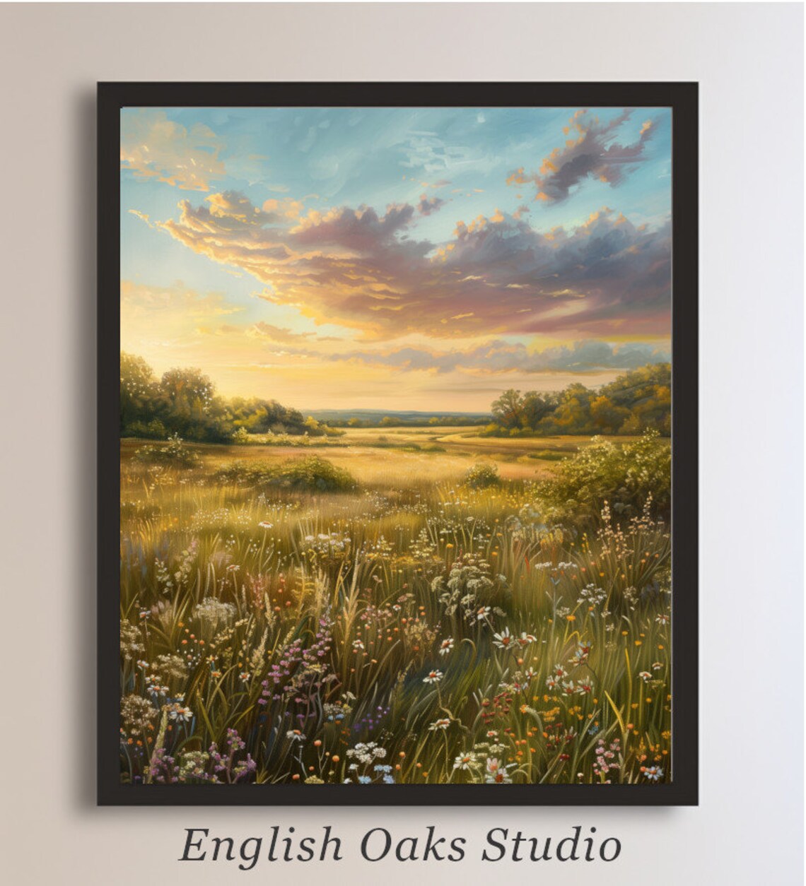 Wildflower Meadow At Sunset Golden Vintage Farmhouse Landscape Poster