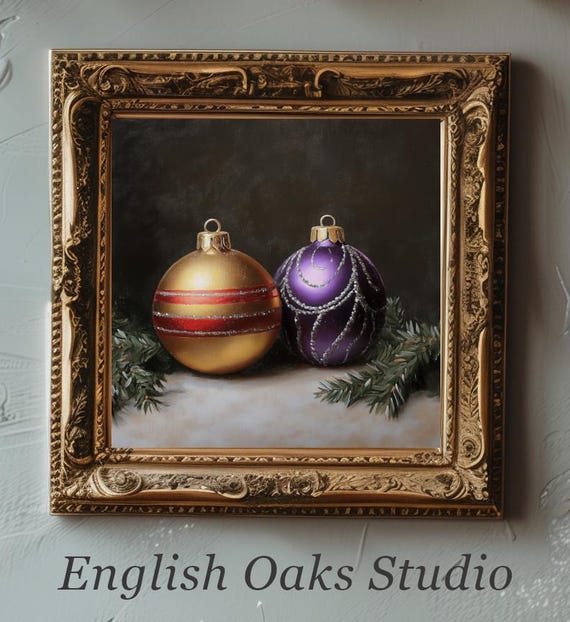 Moody Rustic Winter Season Purple And Golden Ornaments Greenery Vintage Concrete Shelve Painting Christmas Ornaments Art Still Life Print