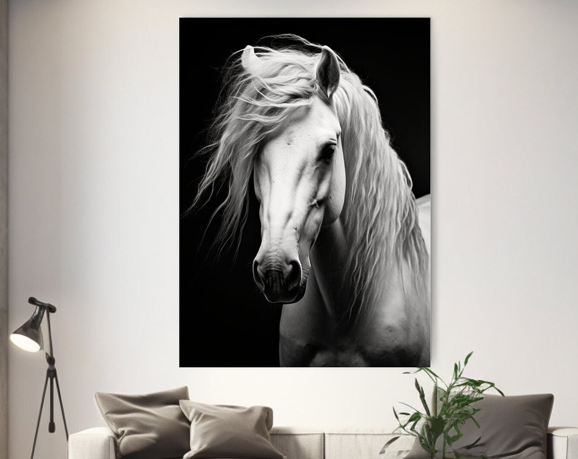 White Horse Portrait Flowing Mane Black Background Equine Wall Poster