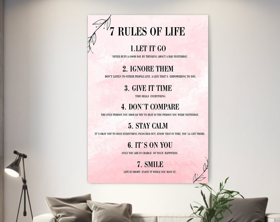 7 Rules Of Life Inspirational Quote Pink Motivational Wall Art Poster