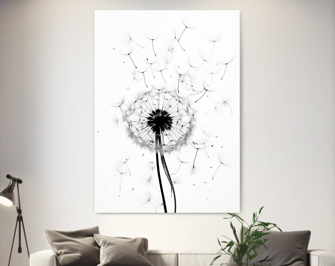 Dandelion Seeds Blowing Away Minimalist White Botanical Wall Poster