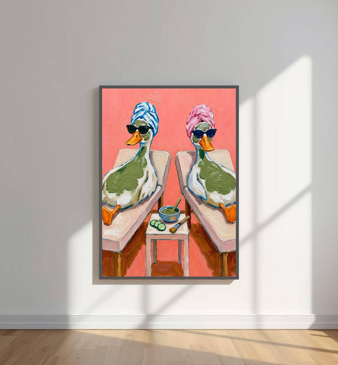 Two Ducks Spa Day Sunglasses Towel Turbans Whimsical Pink Wall Art