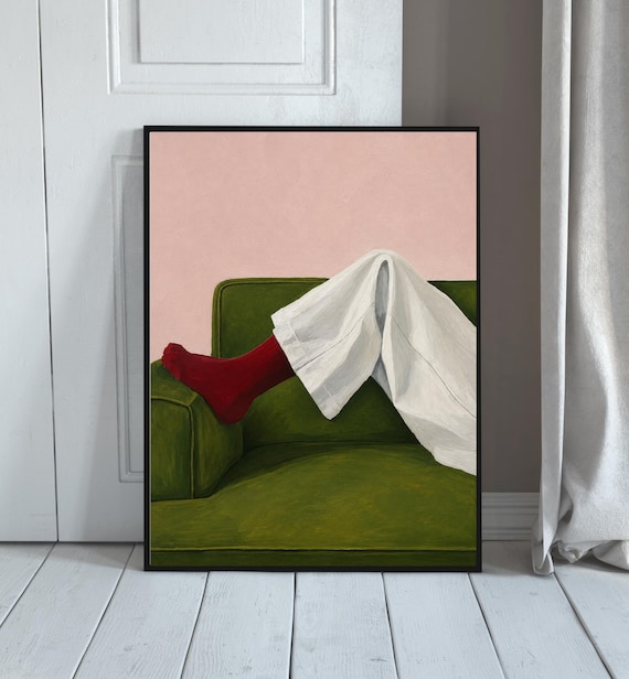 Red Socks On Cozy Sofa Wall Art Print Minimalist Figurative Painting Modern Living Room Decor Scandinavian Poster