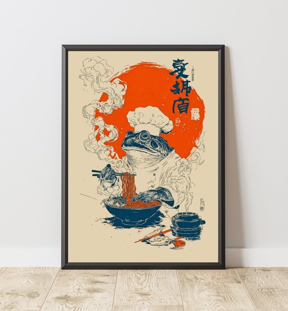 Japanese Frog Wall Art Print Ramen Poster Ukiyo E Style Printable Japandi Kitchen Decor Vintage