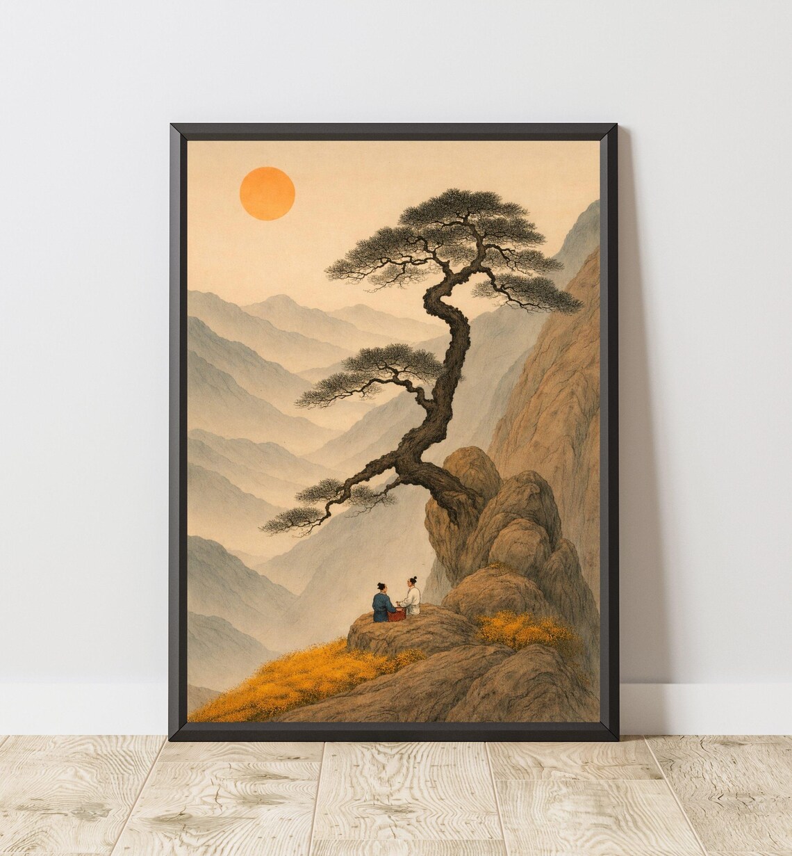 Japanese Sunset Mountain Landscape, Vintage Poster