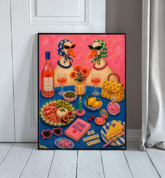 Quirky Duck Wall Art Print Ducks Drinking Wine Poster La Dolce Vita Decor Retro Maximalist Kitchen Pink Italian
