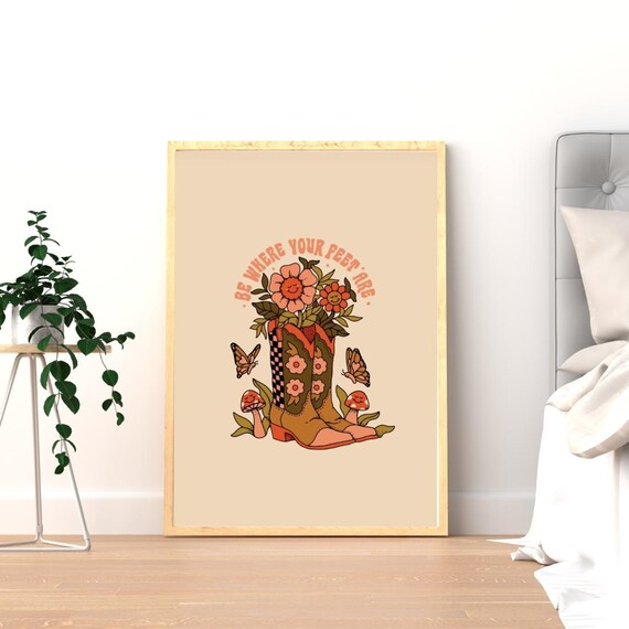 Retro Cowboy Boots Wall Art Be Where Your Feet Are Quote Print Vintage Western Floral Poster Instant