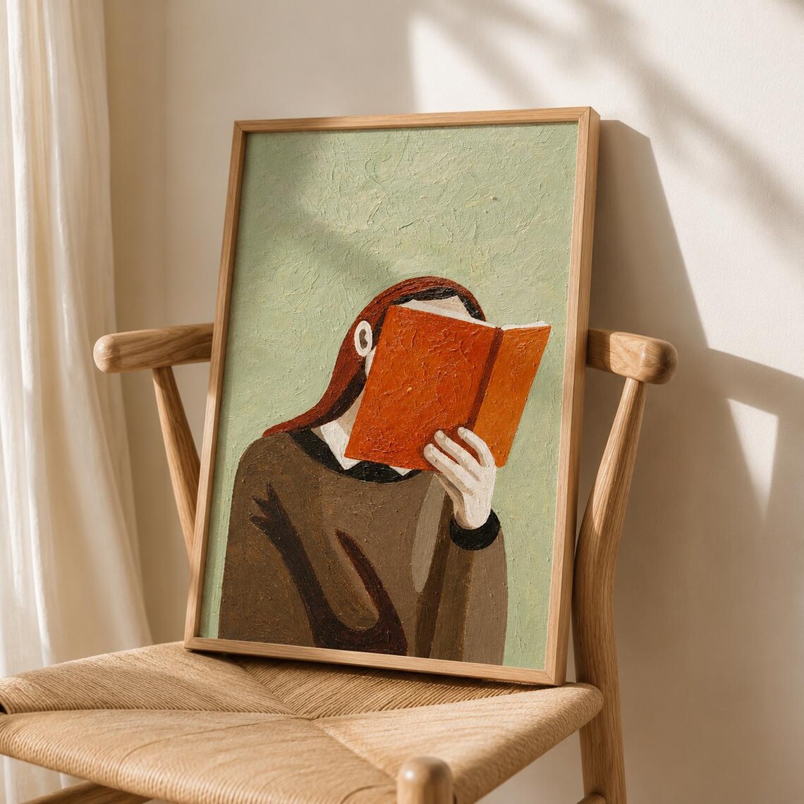 Girl Reading Book Minimalist Oil Painting Red Hair Green Wall Poster