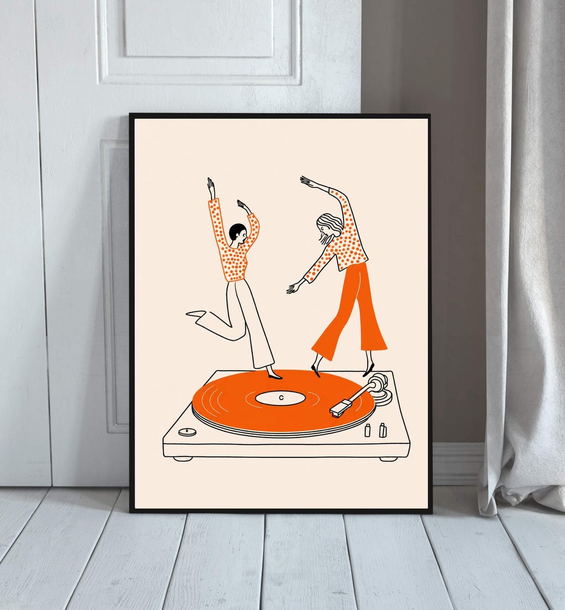 Retro Dancers on Vinyl Record Turntable Orange Mid Century Art Poster