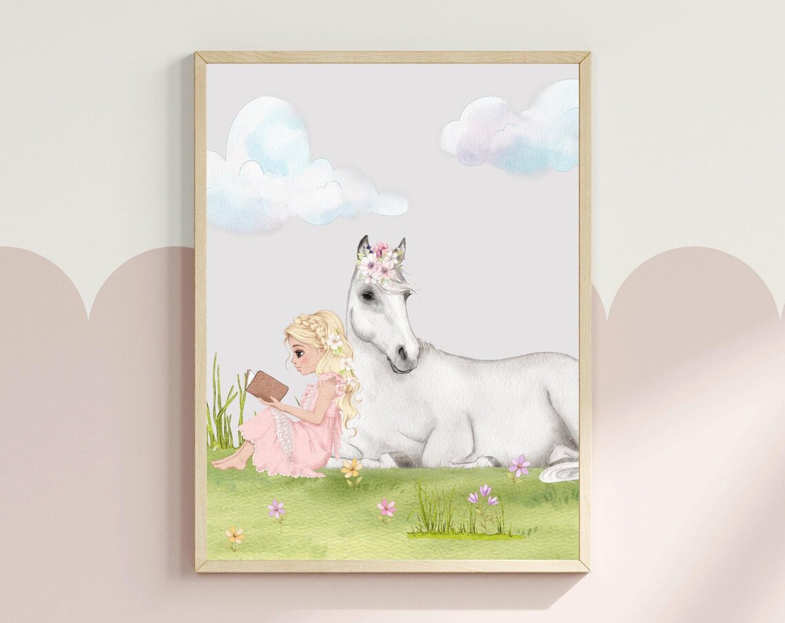 Blonde Girl Reading To White Horse Watercolor Princess Nursery Poster