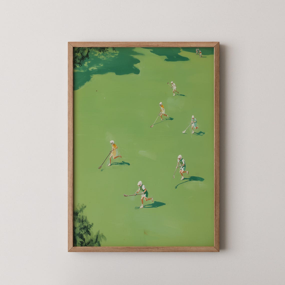 Aerial View Women Lacrosse Match Green Field Art Style Poster