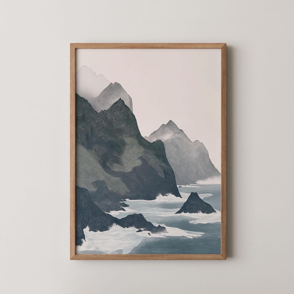 Misty Coastal Mountains Grey Ocean Waves Minimalist Landscape Poster