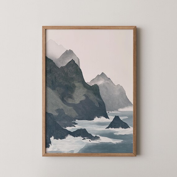 Misty Coastal Mountains Grey Ocean Waves Minimalist Landscape Poster