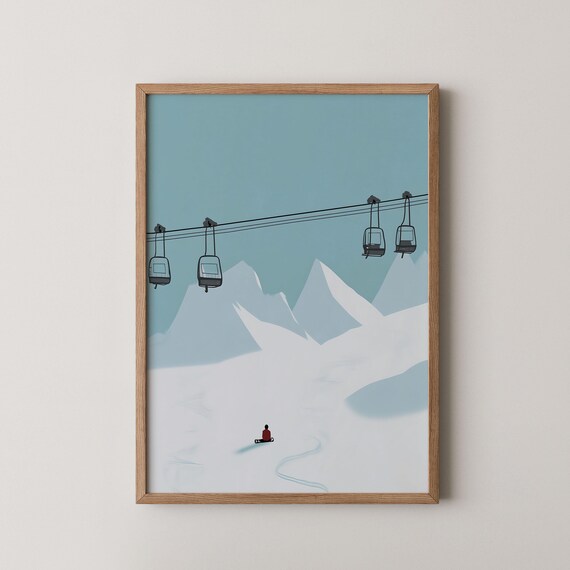 Retro Ski Lift Gondola Art Print Snowy Mountain Vintage Winter Wall Decor