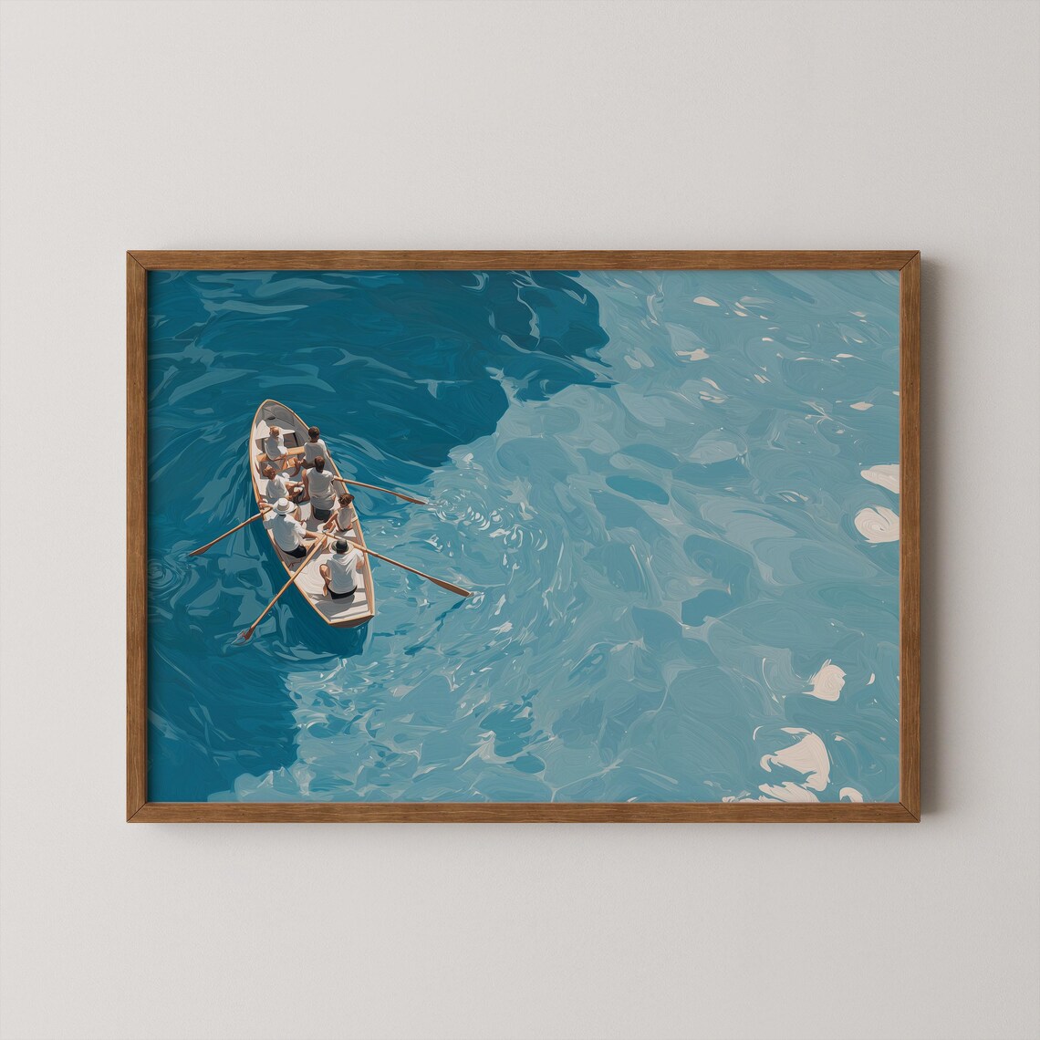 Aerial Rowboat Friends Rowing Turquoise Water Coastal Painting Art Poster
