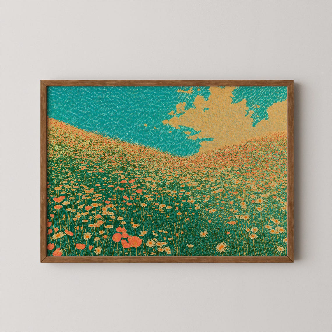 Poppy Meadow Teal Sky Vintage Botanical Illustration Art Print