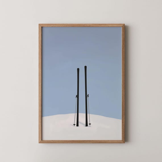 Tiny Skis Print Minimalist Winter People Art Gift For Skiing Dad Modern Unique Office Decor