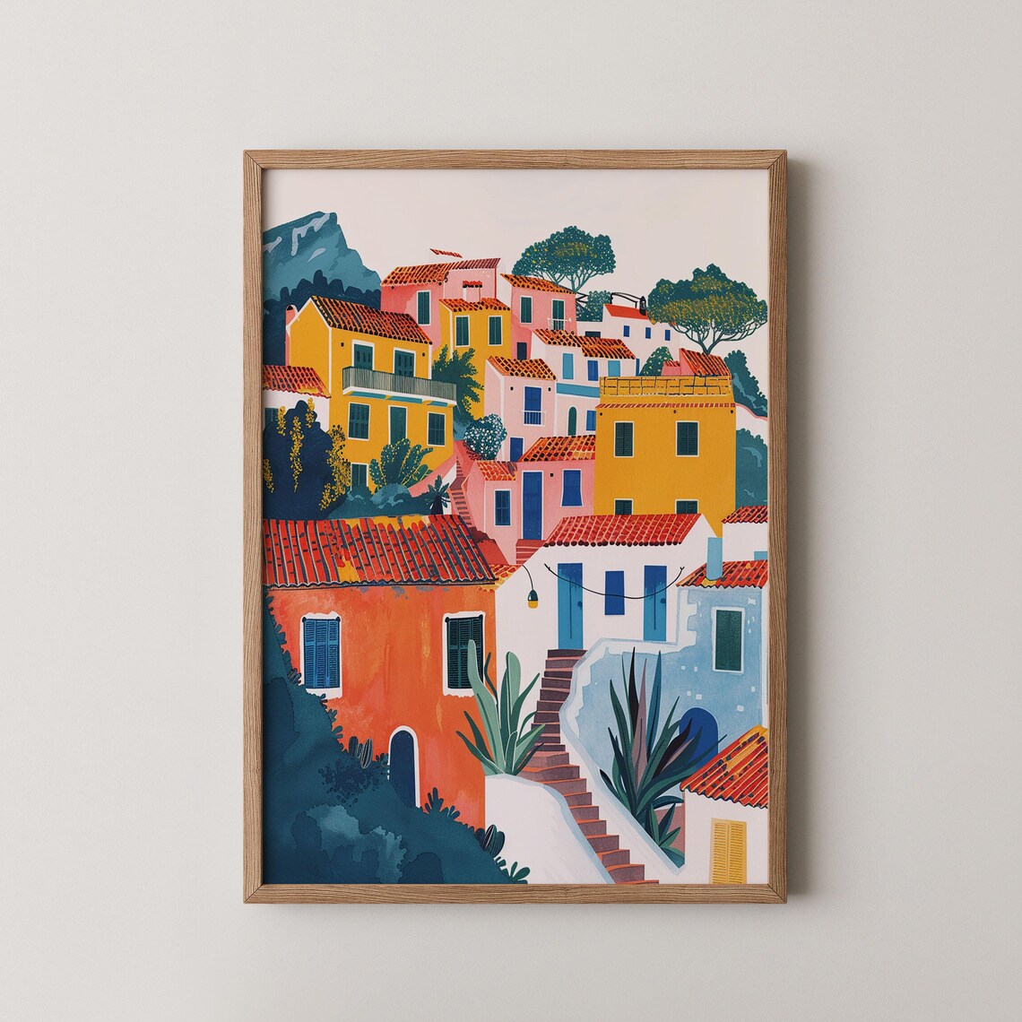Italian Riviera Hillside Village Colorful Houses Gouache Poster