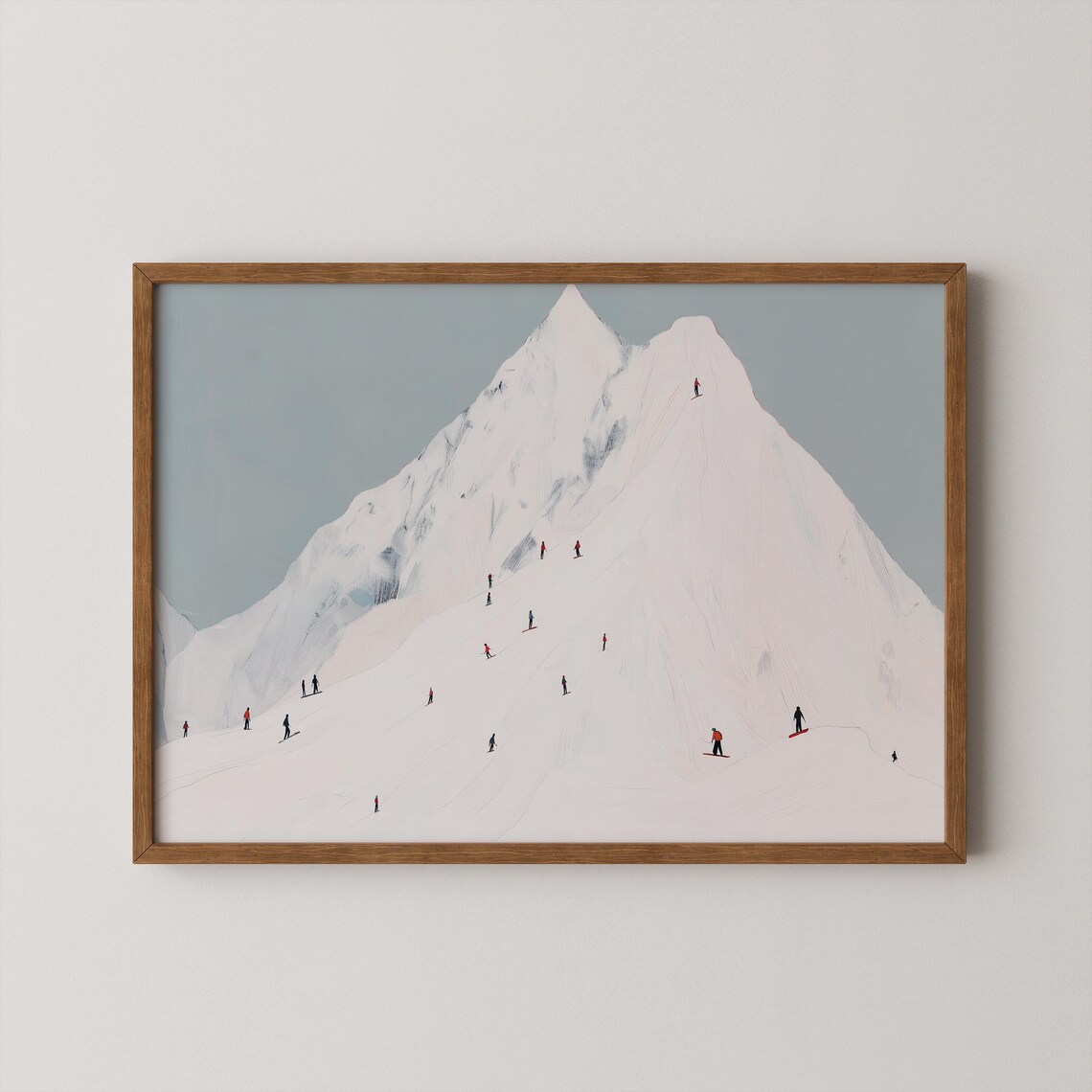 Minimalist Skiing Mountain Art Print Tiny Skiers Snowy Slope Wall Decor