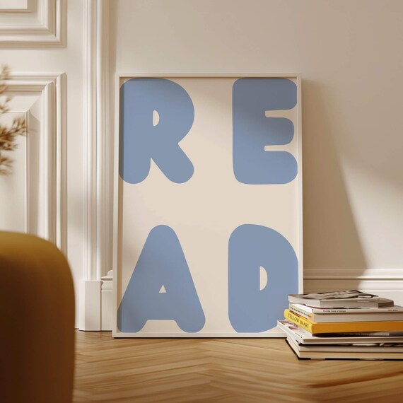 READ Big Blue Bubble Letters Minimalist Library Typography Poster