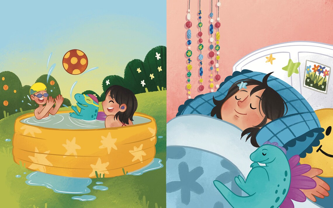 Kids Pool Play and Cozy Bedtime Dinosaur Storybook Art Poster
