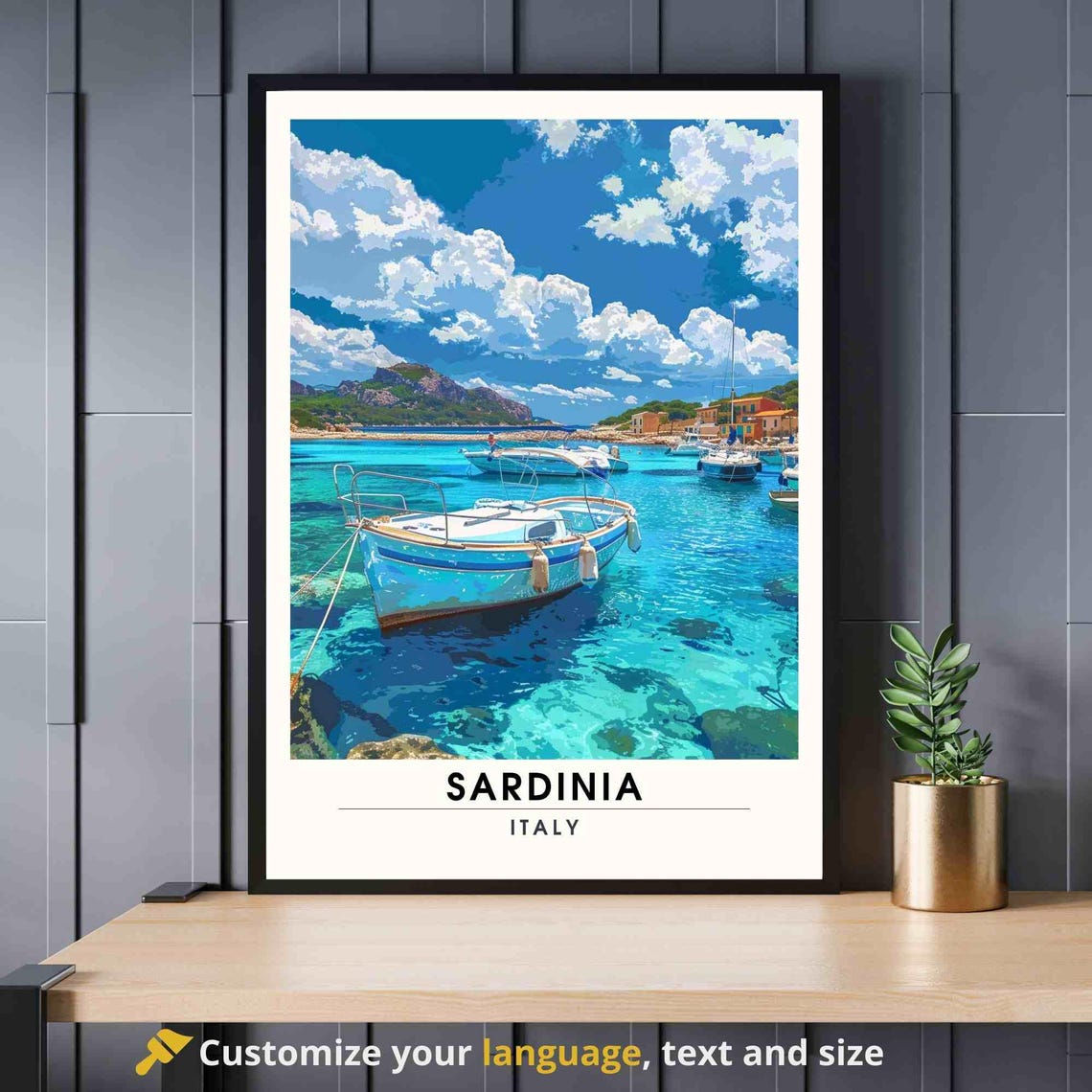 Sardinia Italy Turquoise Harbor Boat Sunny Coast Travel Poster