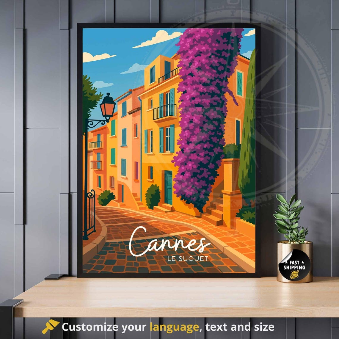 Cannes Le Suquet Flowered Old Town Street France Travel Poster