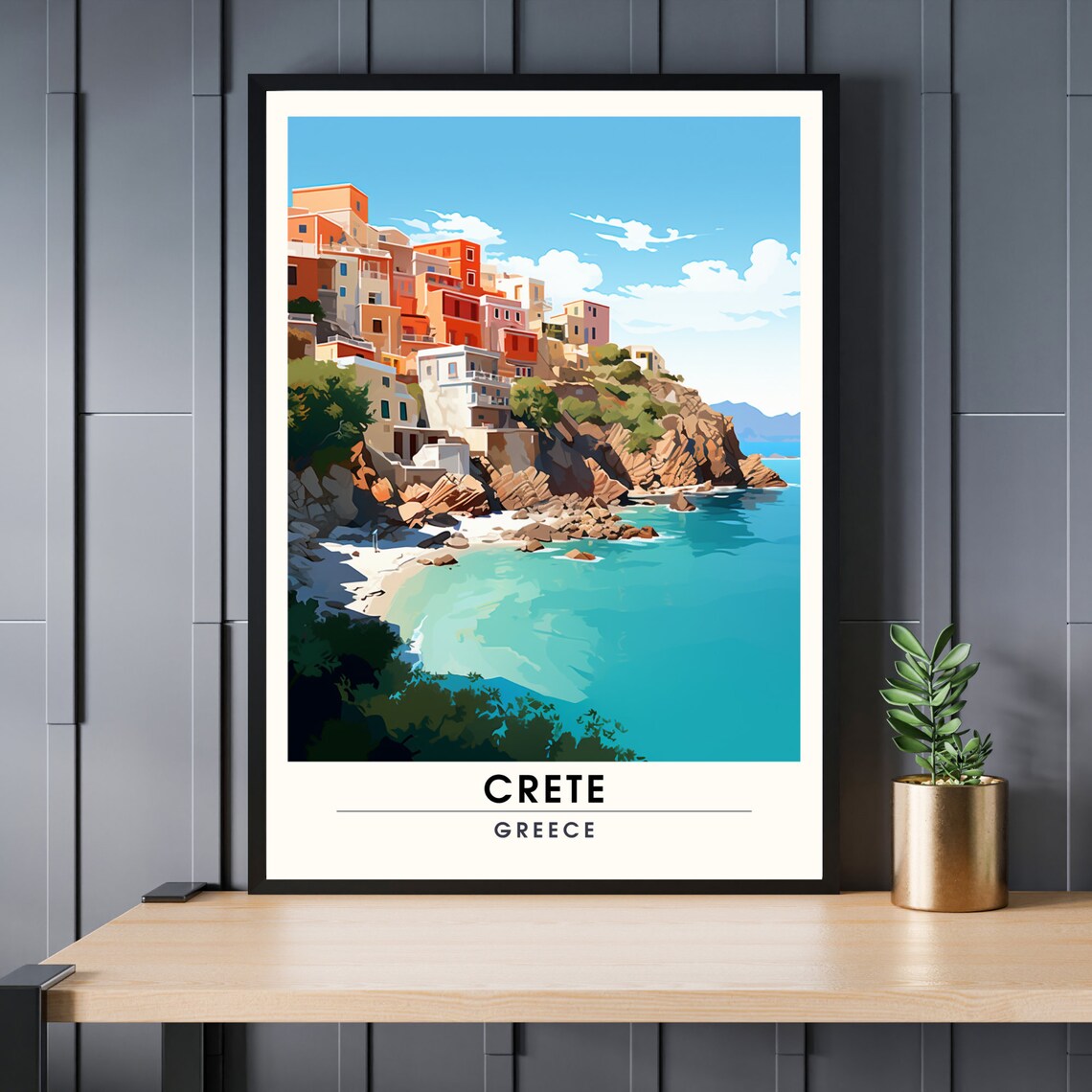Crete Greece Coastal Cliffside Village Turquoise Bay Travel Poster