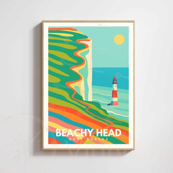 Beachy Poster East Sussex Vintage Travel Print Lighthouse Cliffs Coastal Wall Art