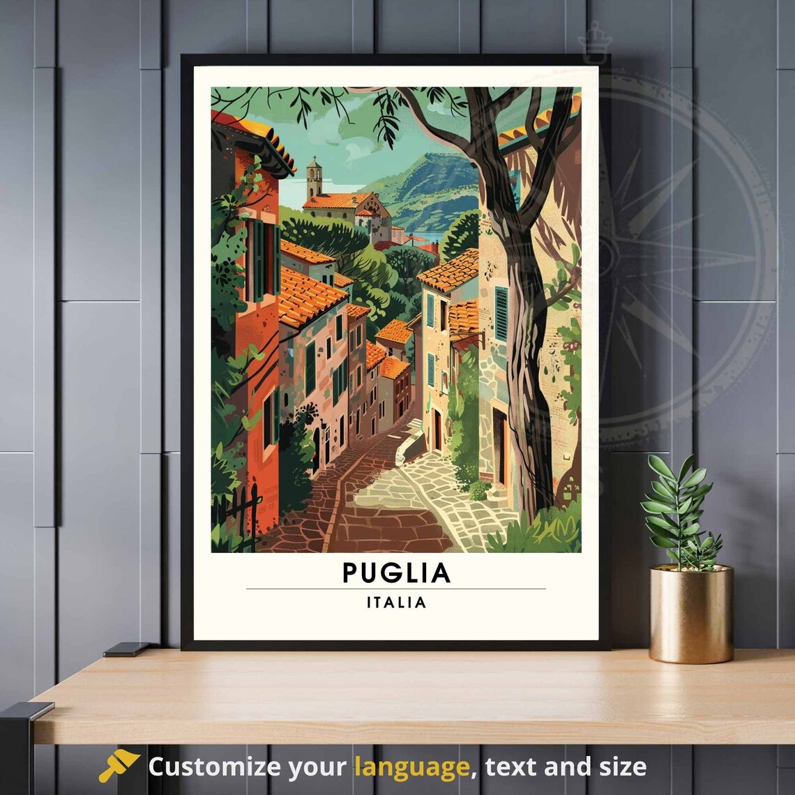 Puglia Italia Hillside Village Lane Church Viewpoint Travel Poster
