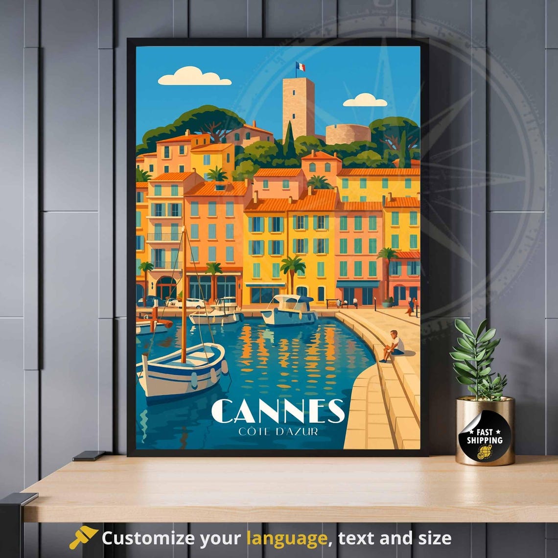 Cannes Cote dAzur France Travel Poster Old Port Boats Harbor Scene Art