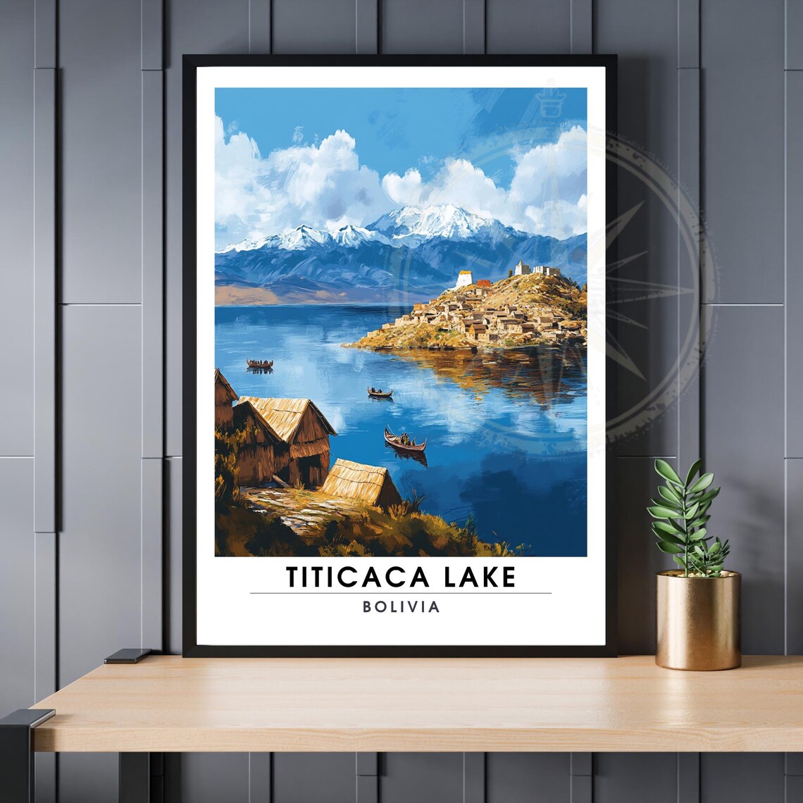 Titicaca Lake Bolivia Vintage Travel Poster with Andean Mountain Village