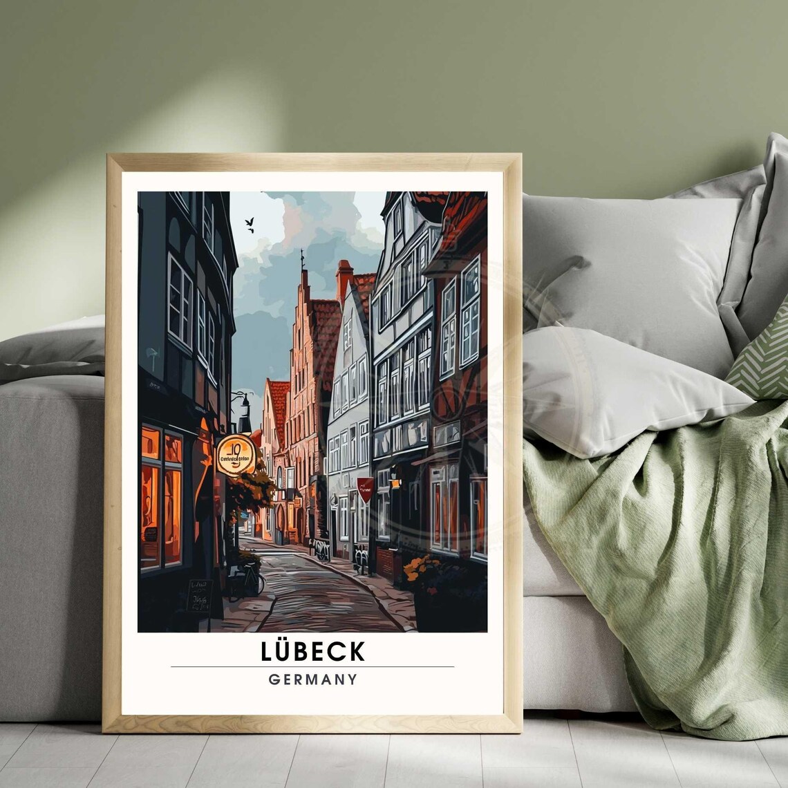 Lübeck Evening Old Town Street Glowing Windows Germany Travel Poster