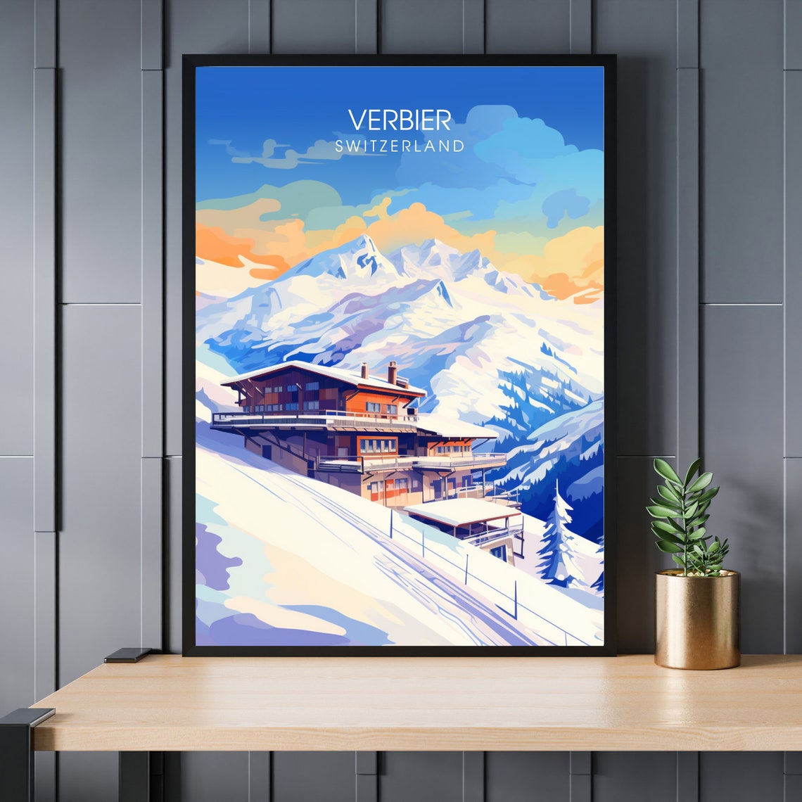 Verbier Switzerland Snowy Alps Ski Chalet Mountain Travel Poster