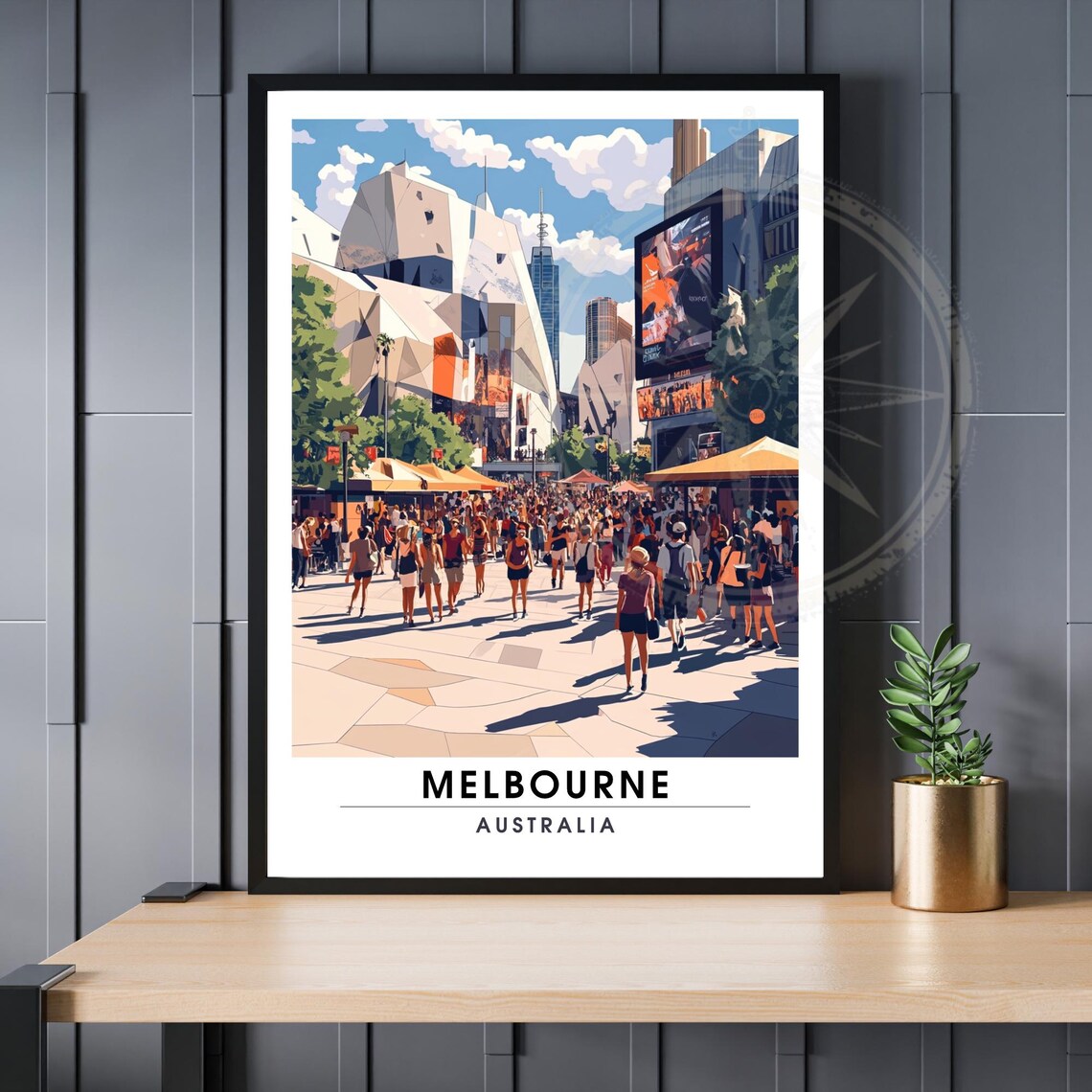Melbourne Australia Bustling City Square Travel Poster Vintage Art