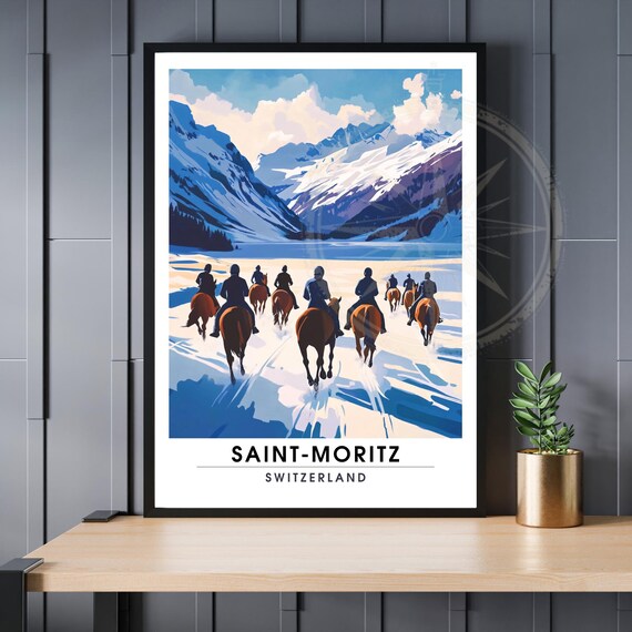 Saint-Moritz Switzerland Travel Poster Winter Horseback Riders Snow Mountain Art