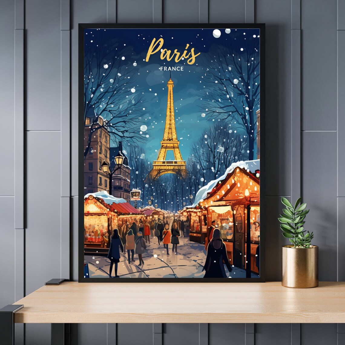 Paris France Eiffel Tower Christmas Market Snow Night Travel Poster