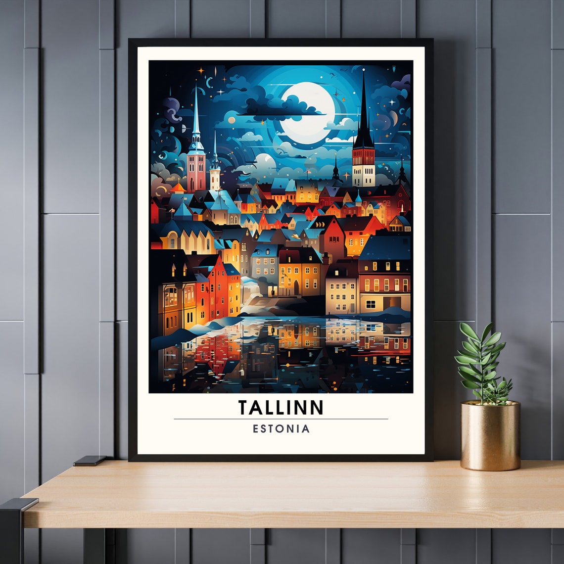 Tallinn Estonia Old Town Night Moonlit Medieval City Travel Poster