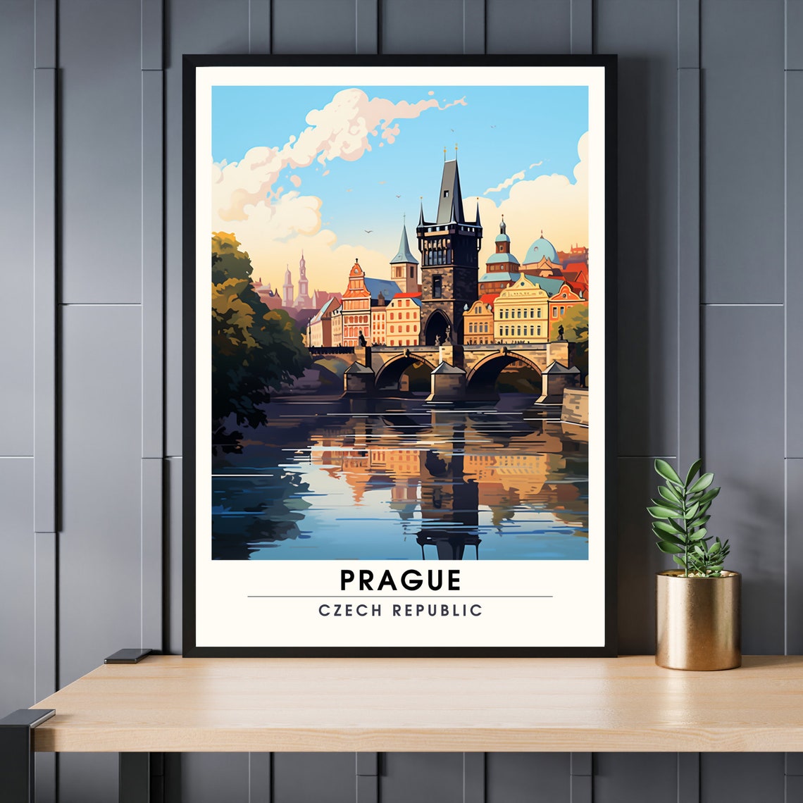 Prague Czech Republic Charles Bridge Old Town Riverside Travel Poster
