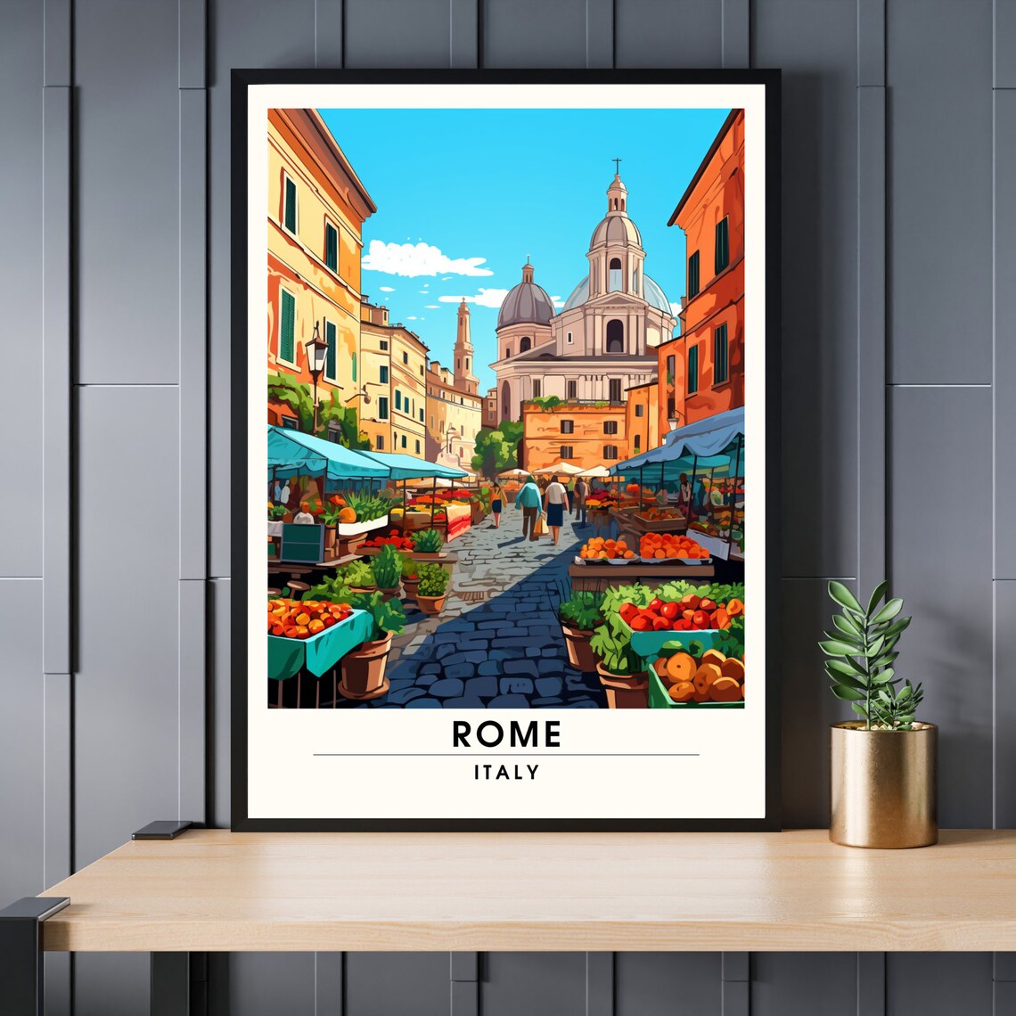 Rome Italy Street Market Travel Poster Colorful Food Stalls Scene
