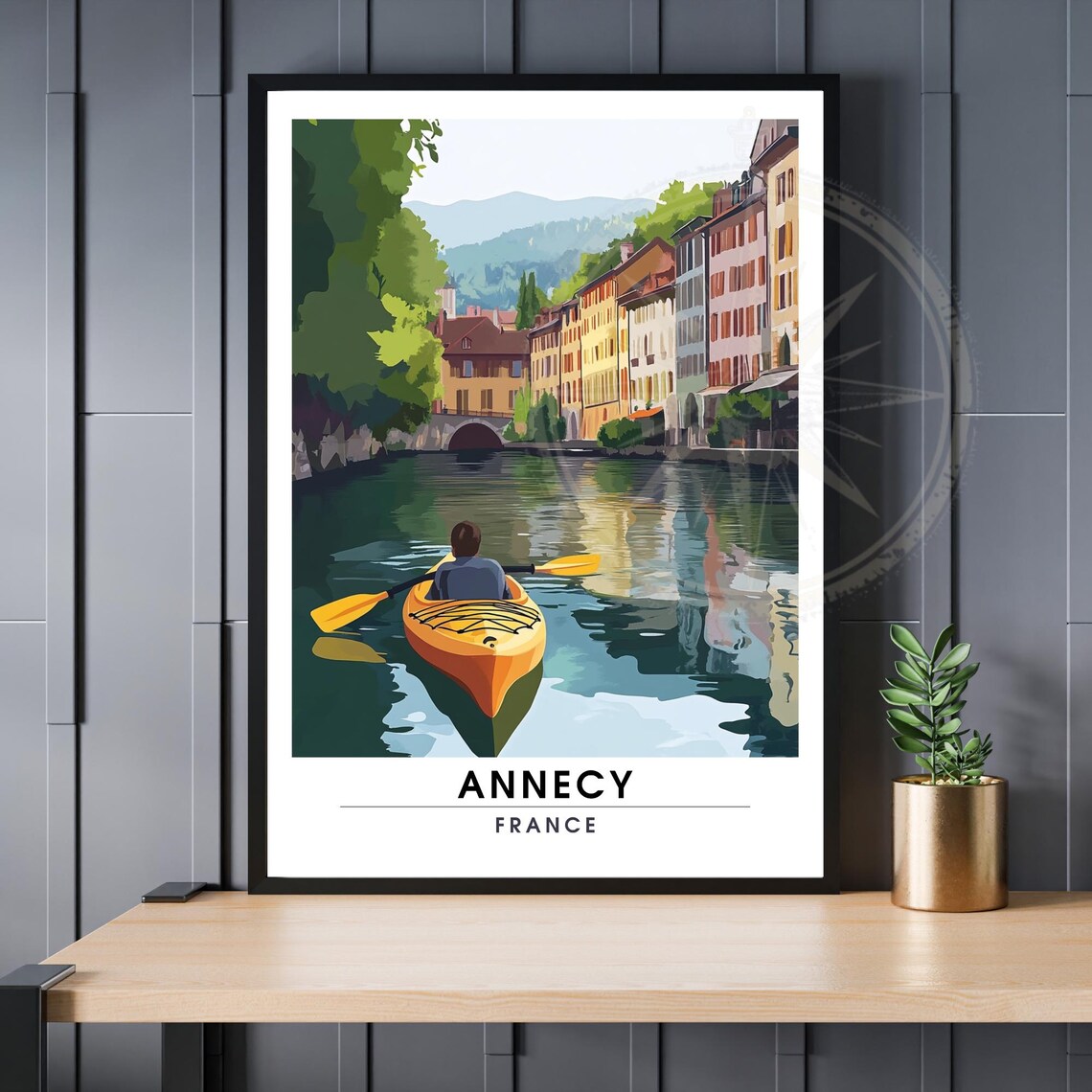 Annecy France Travel Poster Canal Kayak Illustration Town Gift Decor