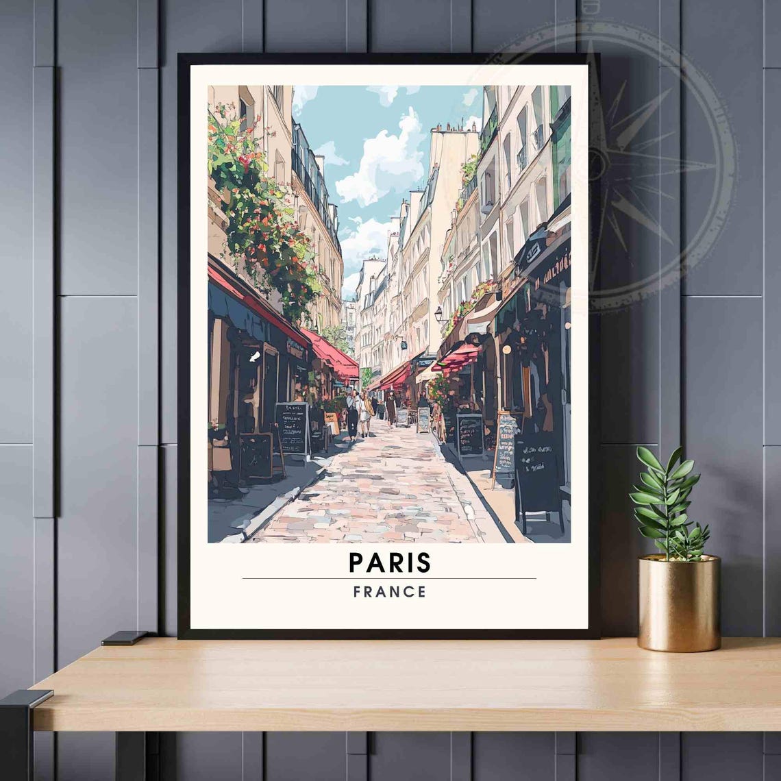 Paris France Rue Mouffetard Cobblestone Shops and Cafes Poster