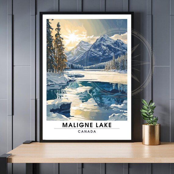 Maligne Lake Canada Winter Sunrise Travel Frozen Reflections Art Poster