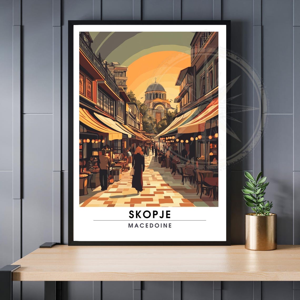Skopje Old Bazaar Sunset Market Street Vintage Balkans Travel Poster