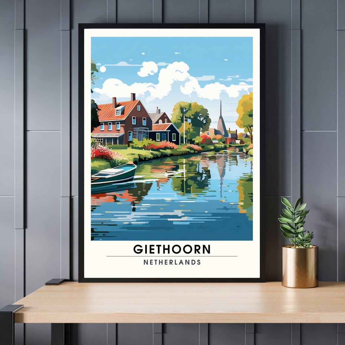 Giethoorn Netherlands Canal Village Thatched Cottages Travel Poster