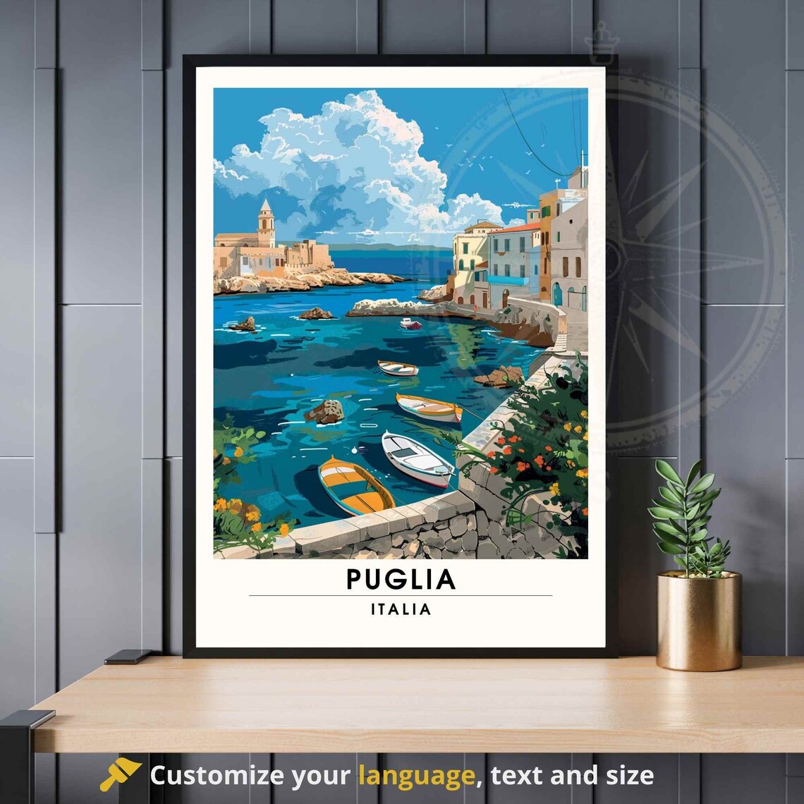 Puglia Italia Coastal Harbor Sailboats Vintage Travel Poster